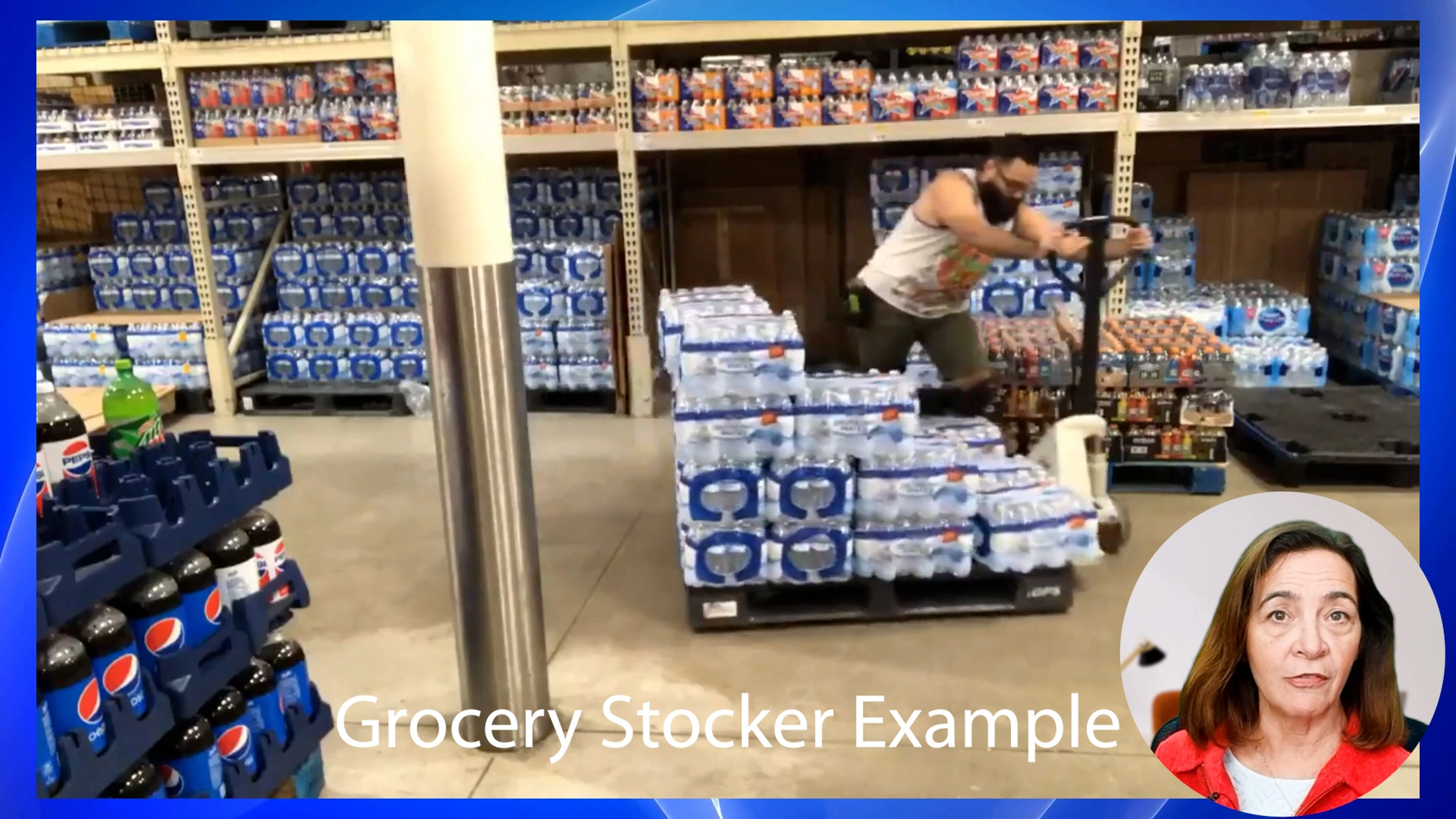 A Grocery Stocker pushes a pallet with water bottles on it.