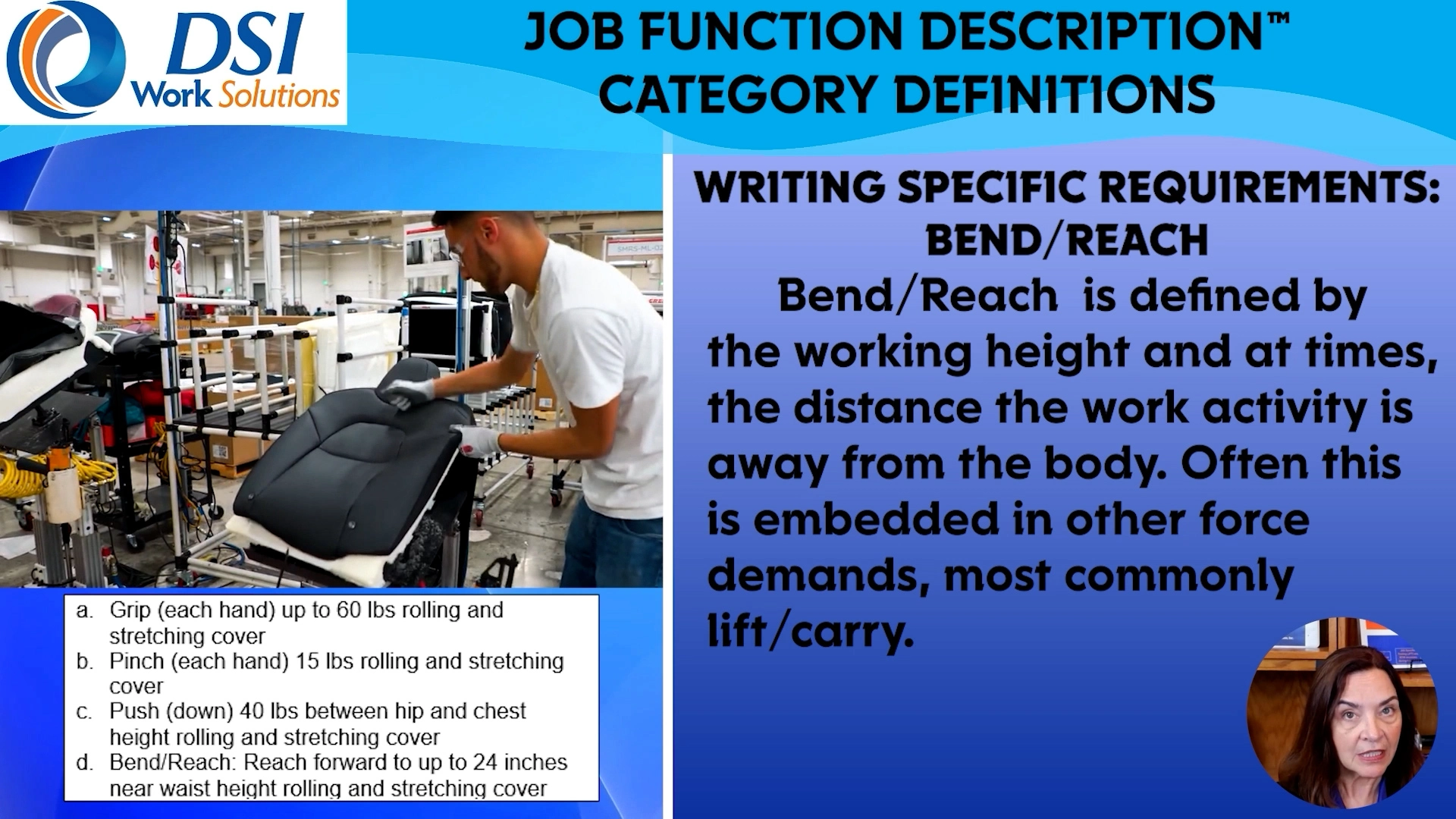 A man is working in a car factory on a seat next to information on how to write the Specific Requirements for Bend and Reach.