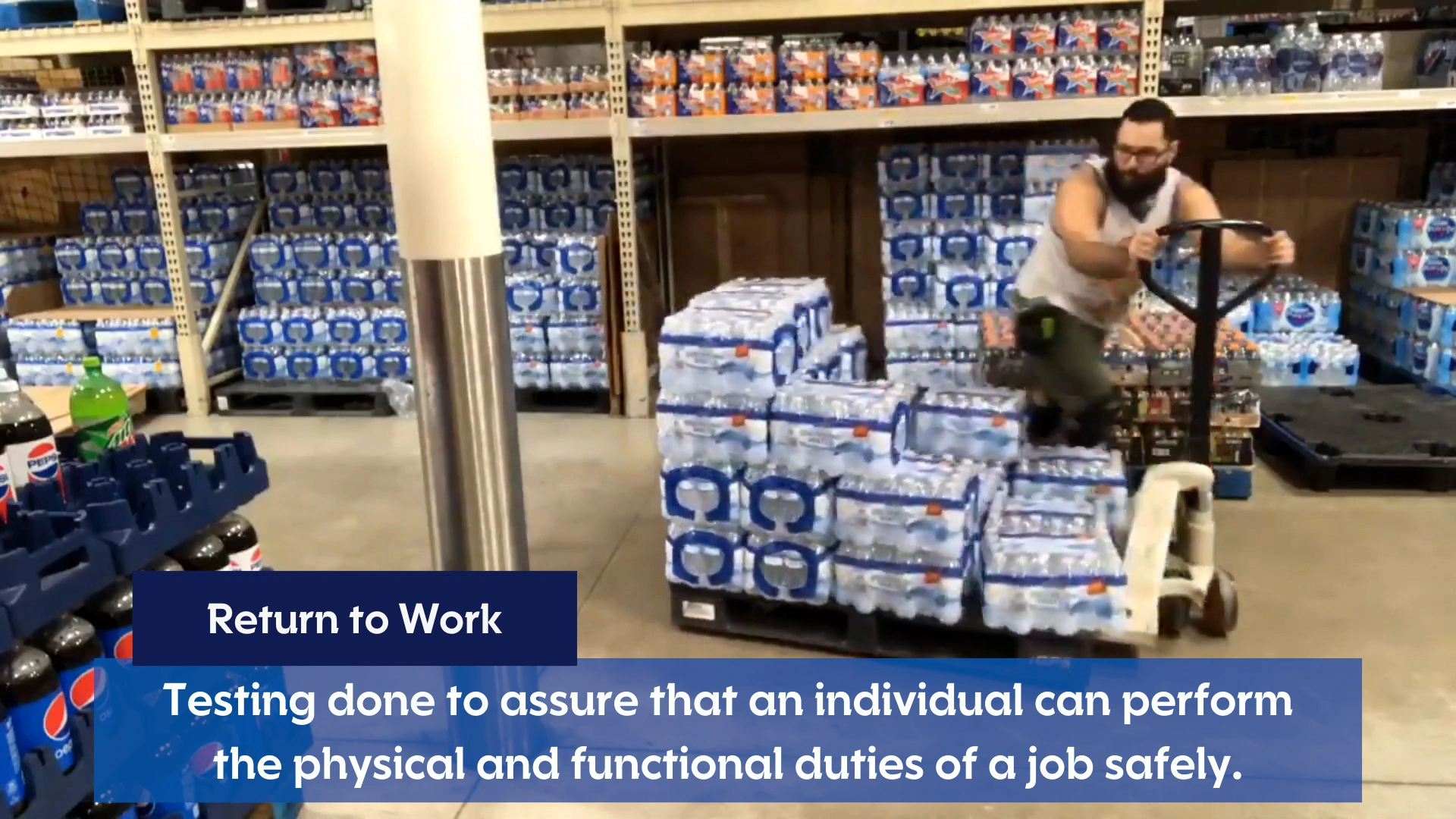 A man is pushing a cart with a lot of bottled waters demonstrating a job task.