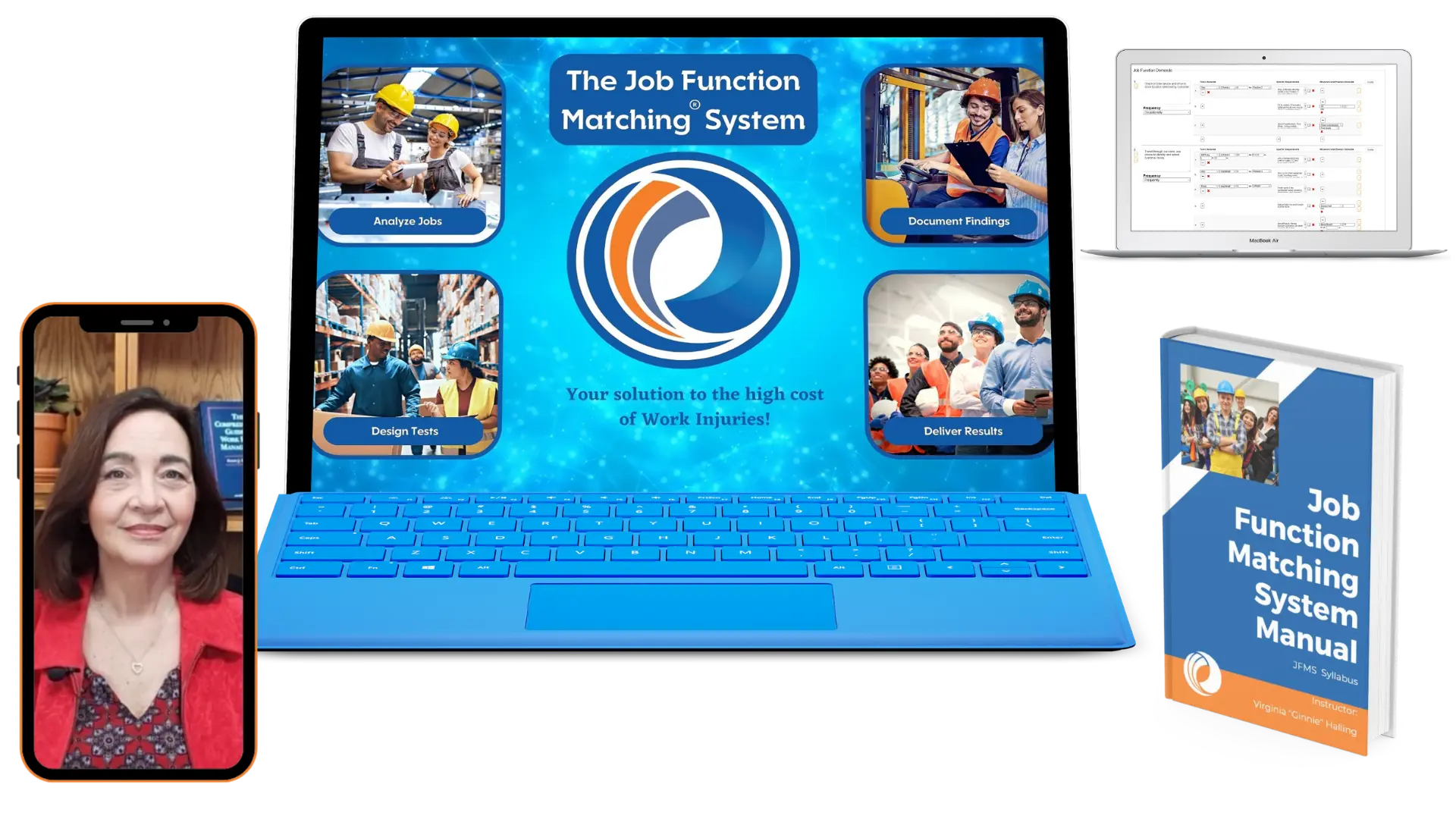 The Job Function Matching System Independent Learning is displayed on a laptop next to the Job Function Matching System Manual and the JFM Software and an image on a cell phone of Ginnie Marshall who is remote consulting