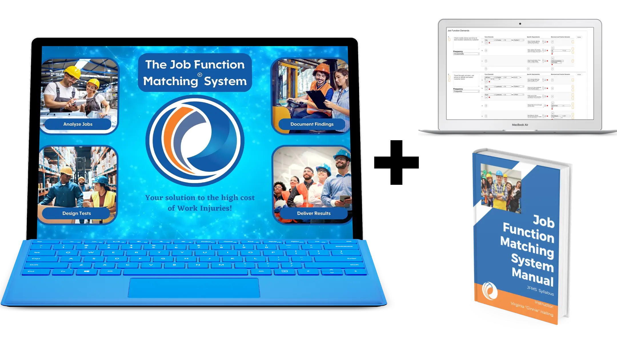 The Job Function Matching System Independent Learning is displayed on a laptop next to the Job Function Matching System Manual and the JFM Software