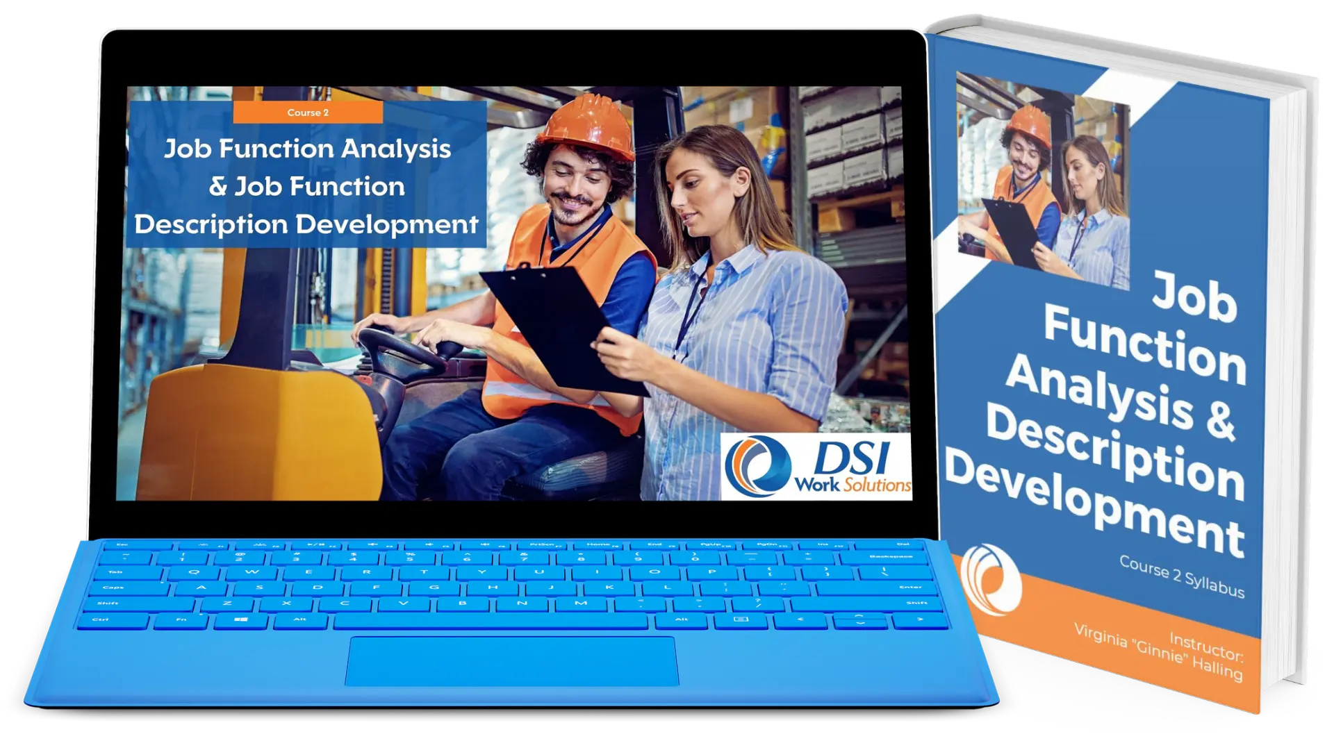 A laptop with the Job Function Analysis & Description Development Independent Learning Course on the screen next to the manual.