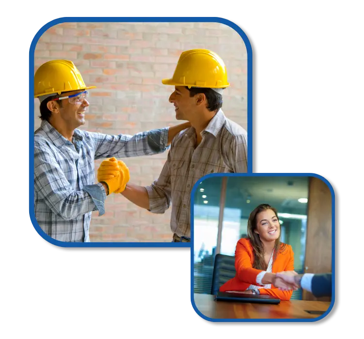Two men in hardhats are shaking hands. A business woman at a desk is shaking hands.