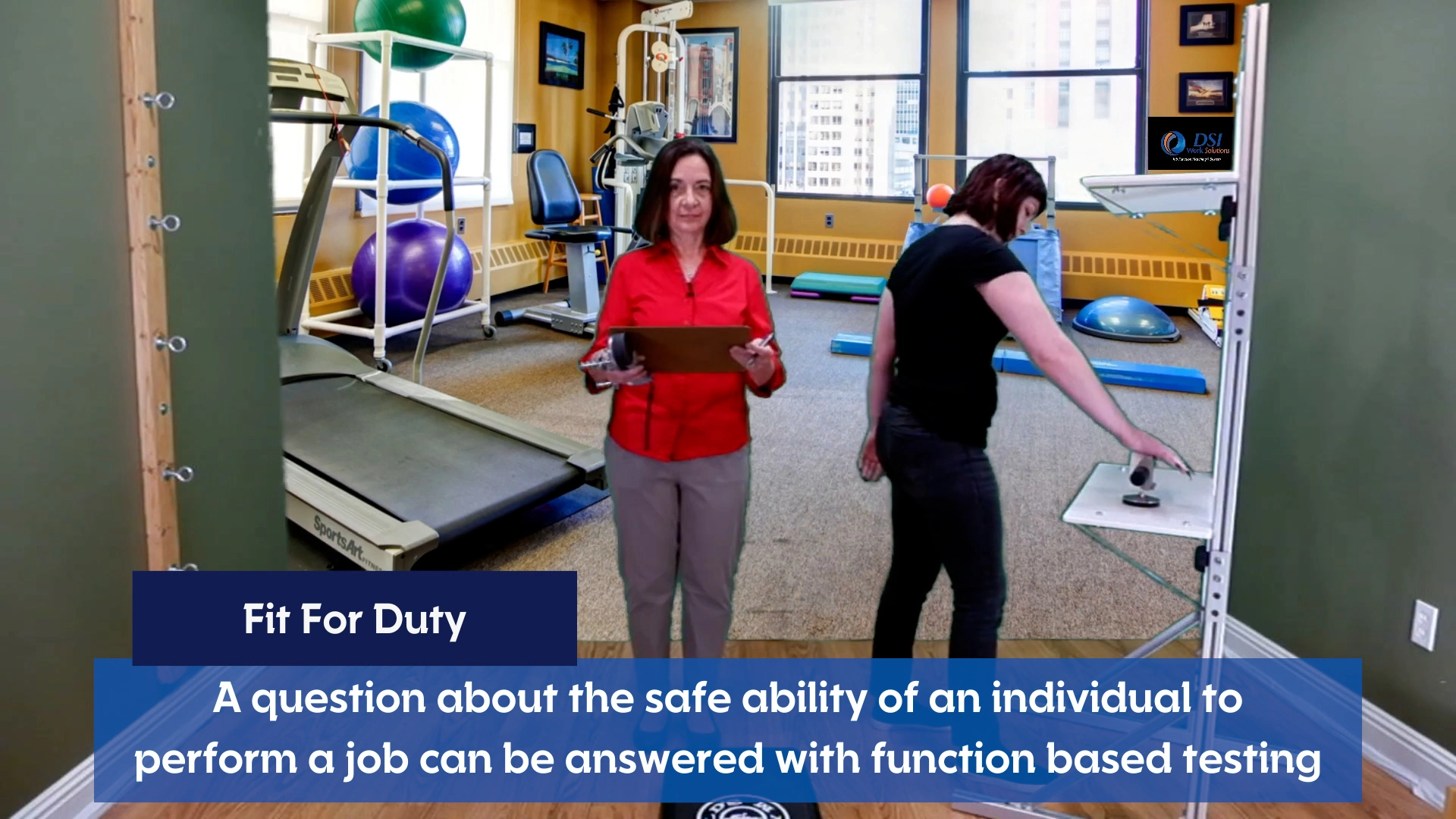 A woman is pushing down on a force gauge on a shelf to measure her strength and ability to perform a physical demand of work.